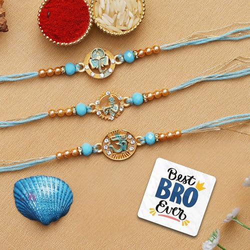 Image of eCraftIndia Set of 3 Lord Ganesha, Om, Krishna Playing Flute Religious Rakhis, Best Bro Ever Fridge Magnet with Roli Chawal Pack - Rakhis for Brother, Bhabhi, Kids