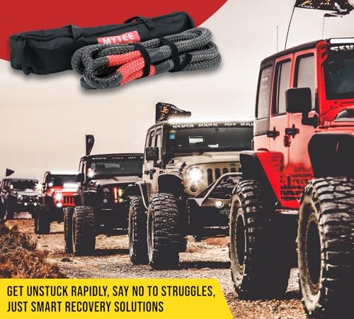 Image of Mytee Products 1-1 /2 inchx30' Kinetic Recovery Rope w /Strap & Tote Bag - 74,000 LBS Red & Black - Heavy Duty Kinetic Energy Tow Rope - Offroad Snatch Strap for Truck, SUV, UTV, ATV, Car, Tractor