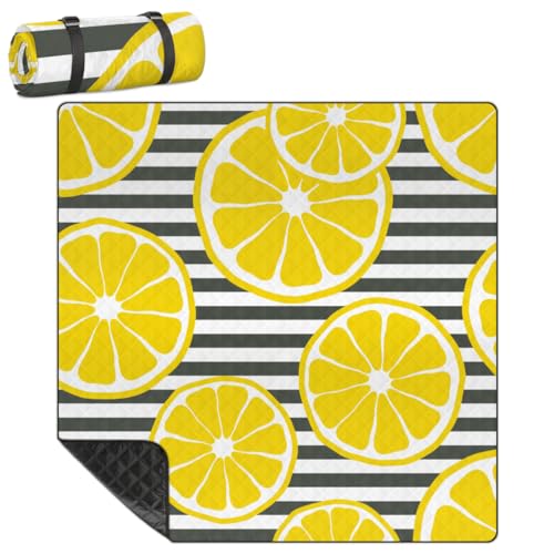 Shimoshe Extra Large Picnic Blankets 79”x 79”, Striped Background Lemon Slices Waterproof Foldable Picnic Mat with Straps Portable Beach Blanket for Camping Park Grass Beach Indoor