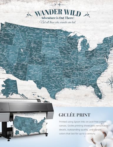 Image of IPIC - Vintage Teal USA Map Wall Art, Push Pin USA Map to Track Your Travels, Farmhouse Style Canvas Wall Decor for Home, Office, Living Room or RV, Ready to Hang, Made in USA