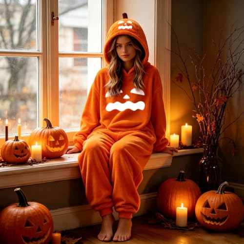 Womens Jumpsuit Pumpkin Onesie Halloween Pajamas Oversized Hooded Sleepwear - image 4