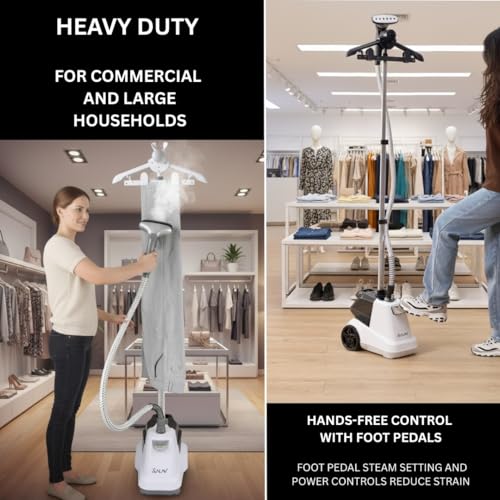 Image of SALAV Heavy Duty Commercial Full-Size Garment Steamer with Foot Pedals and Extra Large 3L (101.5 oz) Water Tank, 1800 watts, 90+min of Continuous Steam (White)