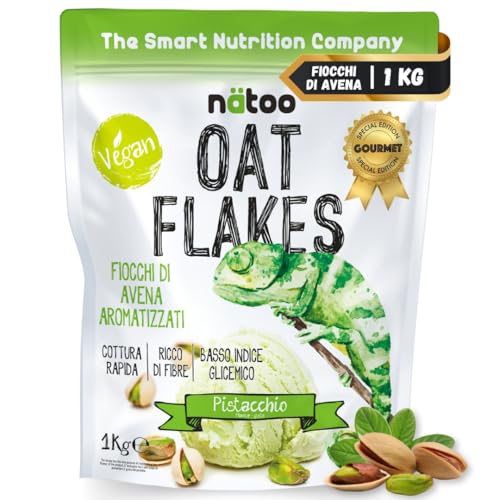 NÄTOO - Fiocchi di avena aromatizzata a basso indice glicemico - Alto contenuto di Fibre - solo 1gr. di Zuccheri - 1Kg di Avena Gusto: Pistacchio
