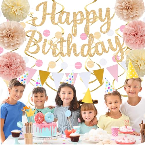 Image of Gold Birthday Decorations, Happy Birthday Banner and Paper Pompoms, Hanging Swirls, Circle Dots Garland, Pennant Flags for Girls Women Party Decorations