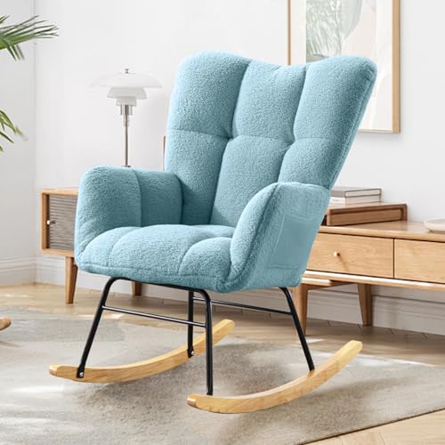 Image of SoarFlash Nursery Rocking Chair Teddy Fabric Glider Chair Upholstered Rocker Accent Armchair with High Backrest and Solid Wood Legs for Nursery Bedroom Living Room Office(Aqua)