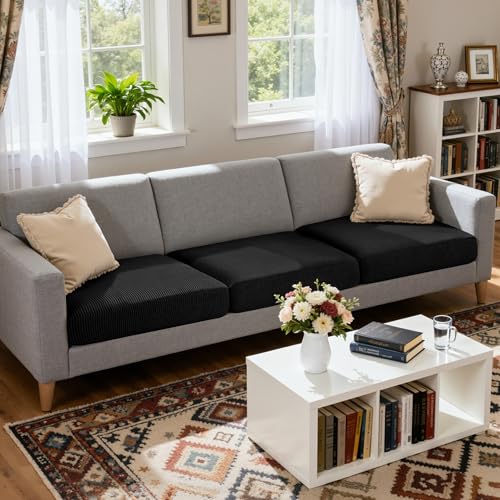 Image of CHUN YI 3 Piece Couch Cushion Covers for XL-Sofa Seat Slipcovers Suitable with Spandex Jacquard Washable Fabric (3 Piece XL-Sofa Cushion Covers, Black)