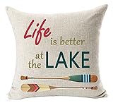 Retro de madera diciendo vida es mejor en el lago Ferry remo manta de lino y algodón cuadrado Funda para cojín de cintura funda de almohada decorativa funda de almohada de sofá 18 "x 18"