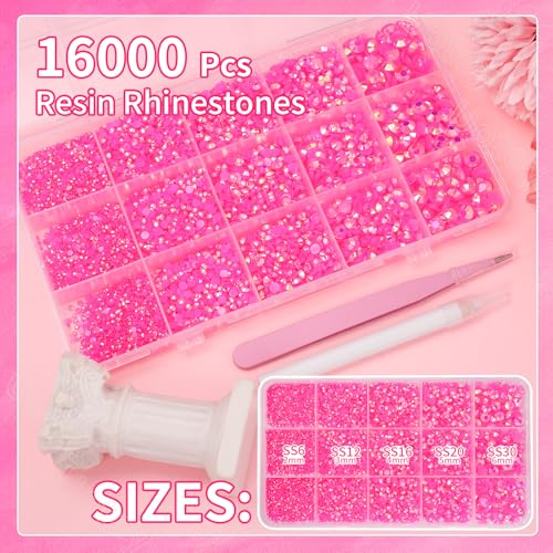 Image of 16000Pcs Flatback Resin Jelly Hot Pink Rhinestones for Crafting Tumblers | Mixed Sizes Pink Gems Rhinestones Bedazzling Crystal with Pickup Tool for DIY Crafts Clothing Mugs Shoes Fabric Nail Art