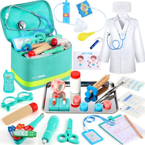 Perbabe Maleta Médica de Madeira com Estetoscópio Real, Bata e Gorro - Kit de Médico 32 Peças - Brinquedo Educativo de Papel para Crianças 3 4 5 6 7 8 9 10 Anos Presente para Aniversário/Natal