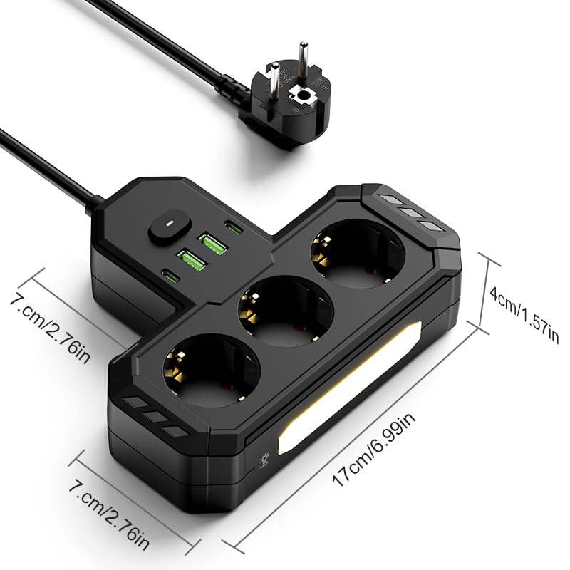 Steckdosenleiste 7-in-1 mit Überspannungsschutz, 3 AC-Steckdosen, 2 USB 2.0 Typ-C-Anschlüsse, 2500W, 10A, für Zuhause, Büro und Reisen (Weiß)