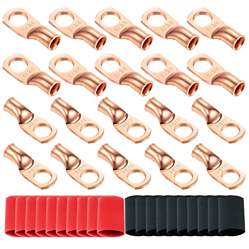 Ampper Heavy Duty Copper Wire Lugs, UL Eyelets Ring Crimp Copper Terminal Connectors W/ 20 Pcs Heat Shrink Tubing for Battery Cable Ends and More (6 Awg, 3/8