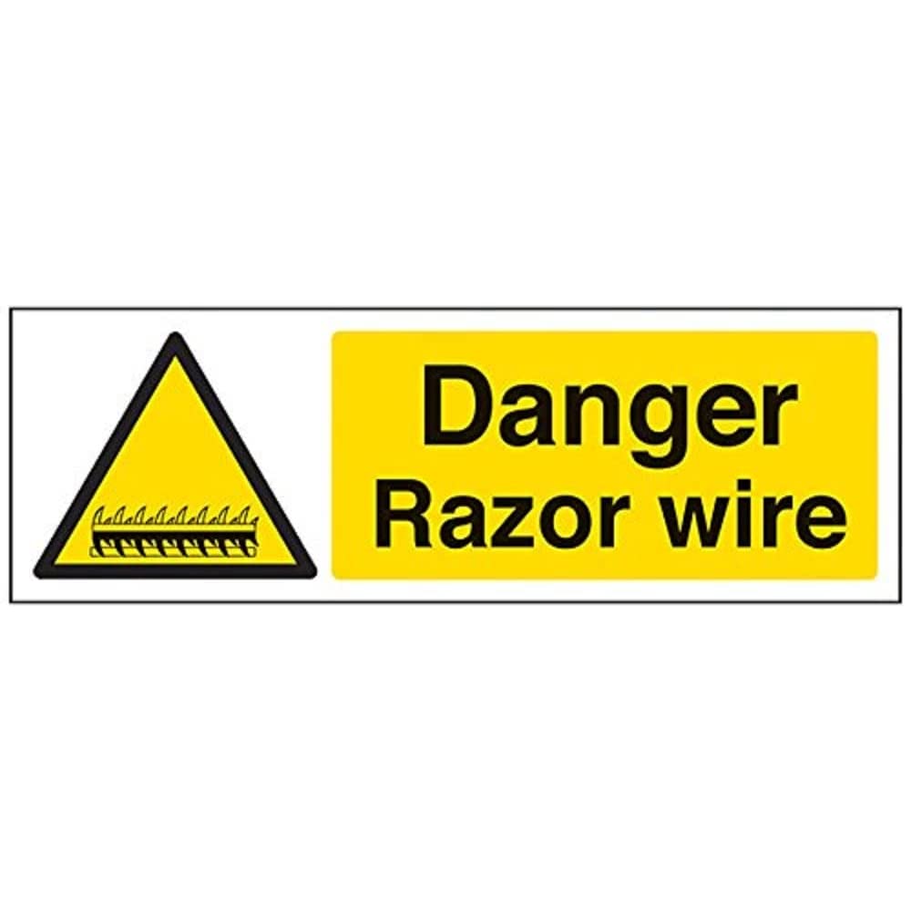 V Safety Danger Razor Wire Warning Sign - 300mm x 100mm - Self Adhesive Vinyl