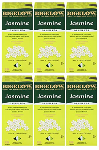 Image of Bigelow Green Tea with Jasmine 28-Count Boxes (Pack of 6) Premium Bagged Jasmine Scented Green Tea Antioxidant-Rich All Natural Medium-Caffeine Tea in Individual Foil-Wrapped Bags