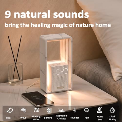Digitaler Wecker mit Sonnenaufgangssimulation, Nachtlicht, 9 Einschlafhilfe-Sounds, dimmbares Display, automatischer Abschalt-Timer, USB-Ladeanschluss