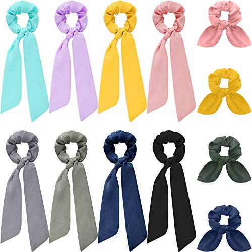 12 Pieces Hair Scrunchies Satin Silk Elastic Hair Ties Includes 8 Pieces Ponytail Holder Bow Knot Chiffon Scarf Scrunchies and 4 Pieces Solid Color Bow Scrunchies Hair Bands