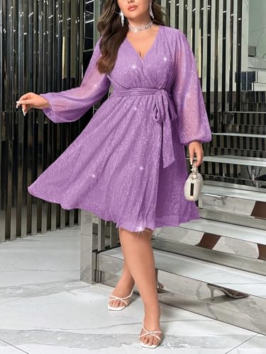 Image of RED DOT BOUTIQUE 876 - Plus Size Elegant Sheer Sleeve Dress with Waist Sparkle Chiffon Mesh Cocktail Dress