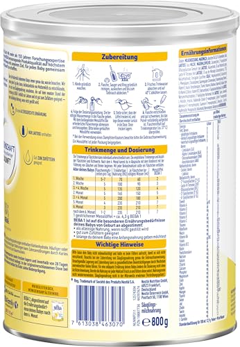 BEBA 1 Anfangsmilch von Geburt an, Babynahrung, nur Laktose, ohne Palmöl, 6er Pack (6 x 800g)