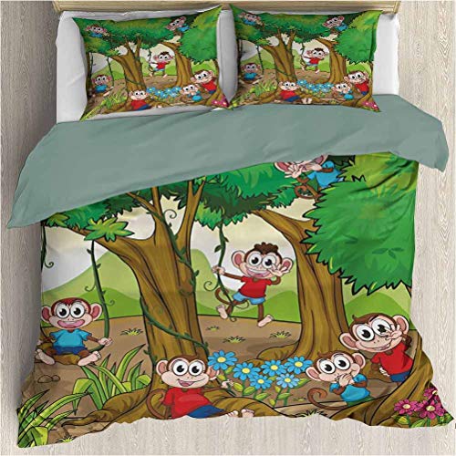 Bedding Printed Comforter Set - Children Kid Apes Monkeys Playing in Exotic Forest