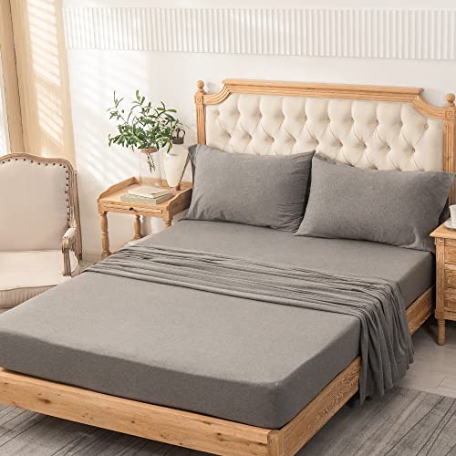 PURE ERA Jersey Knit 4pc Bed Sheet Set 100% T-Shirt Cotton Super Soft Comfy Breathable Fits Mattress Up to 15" Extra Deep Pocket (Heather Dark Grey, Twin)
