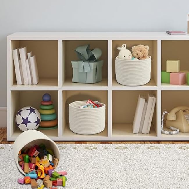 Woven Cotton Storage Baskets - 3-Pack Round Bins (10x10x7'') for Shelves, Closets & Bookcases | Durable Rope Organizers for Nursery, Baby, Toys, Easter & More (white)