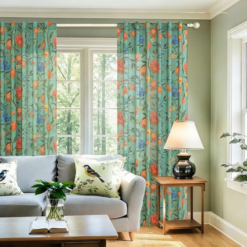 Image of JOOJA 72 Inch Boho Floral Curtains Tropical Bird Print Linen Semi Sheer Window Drapes for Kitchen, Bedroom, Bathroom, Living Room, Dining Room, Green