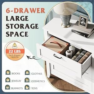 WLIVE 6 Drawer Dresser, Retro Chest of Drawers with Metal Handle, Double Wood Dresser for Bedroom, Living Room, Large Storage Cabinet, White WLIVE 6 Drawer Dresser Retro Chest of Drawers with Metal Handle Double Wood Dresser for Bedroom Living Room Large Storage Cabinet White