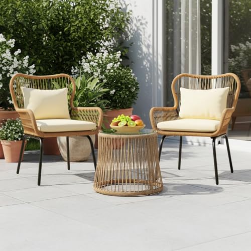Image of DEVOKO Transform Your Outdoor Space with Our 3 Piece Patio Rope Furniture Set - Perfect for Terrace, Garden, Balcony, Porch, Deck and Yard (Beige and Cream)