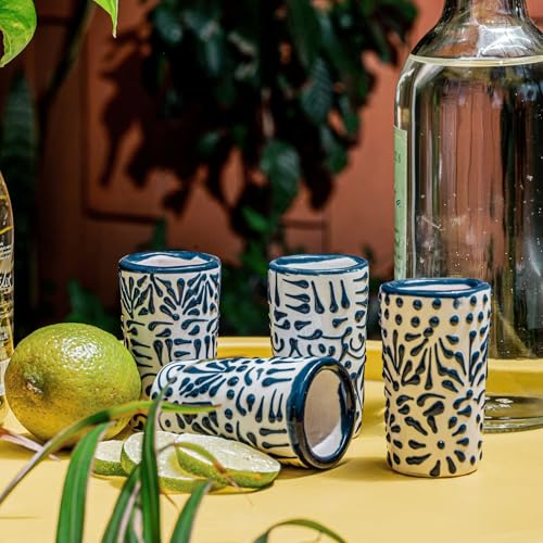 Image of Mexican Shot Glasses Set of 4 - Hand Painted Talavera Tequila Glasses 2oz - Authentic Ceramic Colorful Drinking Cups Blue Lace