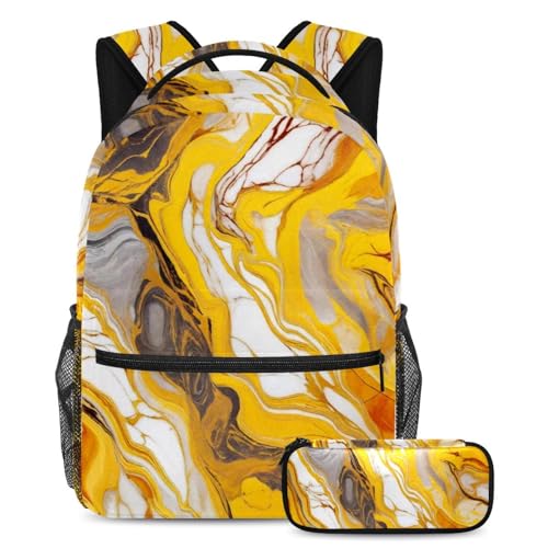 Sacs à dos de jour multicolores et trousse scolaire pour adolescents au look marbre jaune