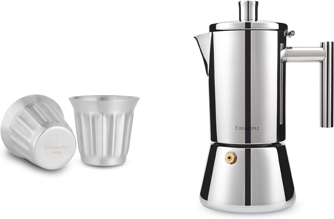 Easyworkz Stainless Steel Double-Wall Espresso Cups 5 oz Set of 2, Vertical Stripe Design, Brushed Silver, Bundled with Diego Stovetop Espresso Maker Stainless Steel 6Cup 10 oz Moka Pot
