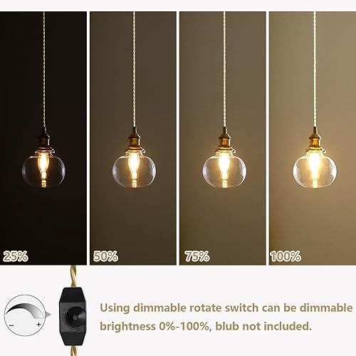 Miniatura 4 de Lámpara colgante de cristal enchufable con interruptor regulable, lámparas colgantes vintage para mesita de noche, comedor, vestíbulo, latón