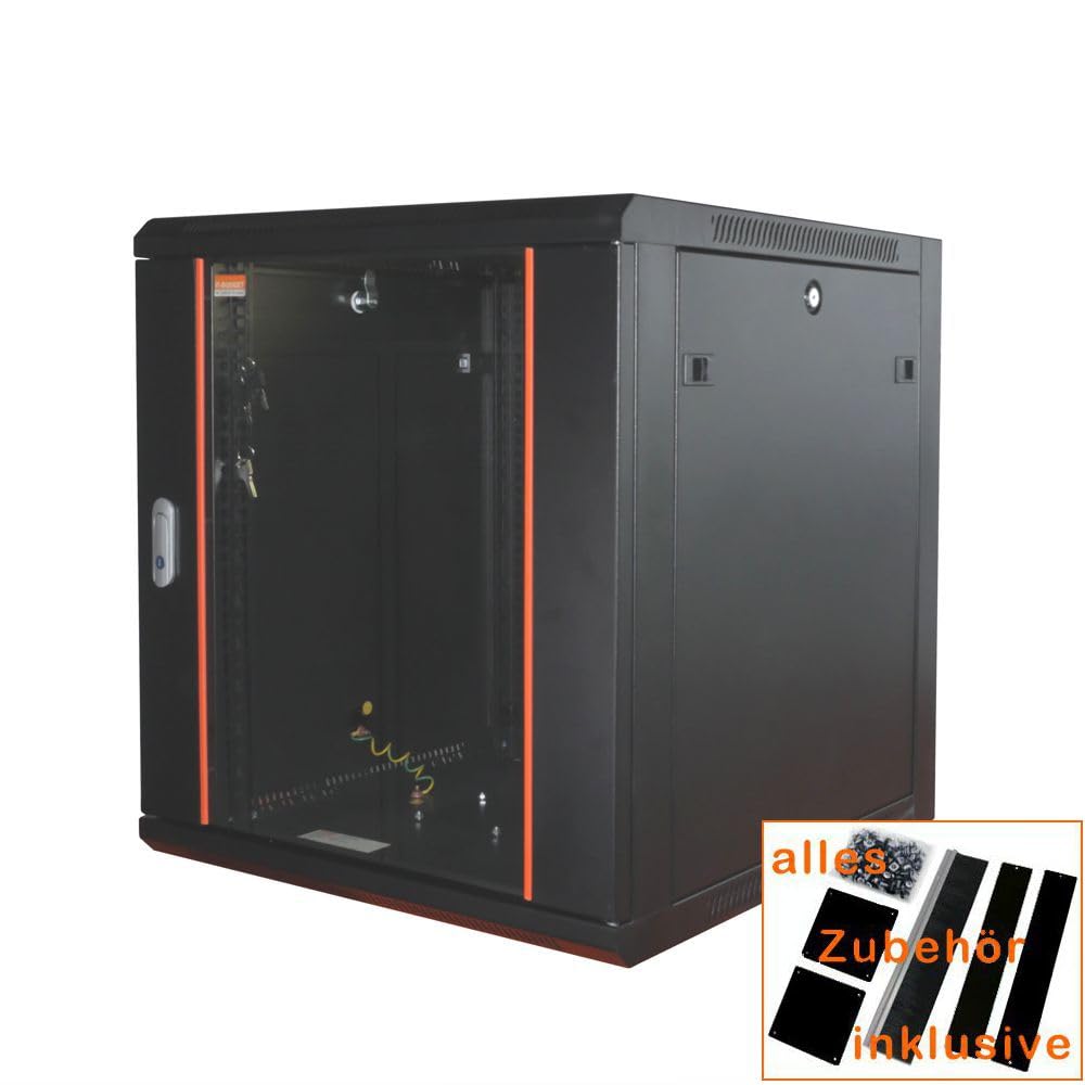 19 Zoll Netzwerkschrank 4 HE BxT 570 x 350 mm RAL 9005 inkl. Zubehör | abschließbare Tür, inkl. Montagematerial, tiefenverstellbaren Montageschienen, 60kg Traglast