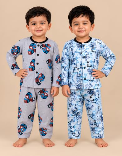 Image of 3BROS Kids Pure Cotton Night Suit Set | Boys Girls Printed Sleepwear Shirt & Pajama Clothing Combo | Soft Breathable Night Dress Outfit | Pack of 2