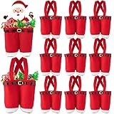 GROBRO7 Christmas Gift Treat Bags - 12 Pcs Santa Pants Style Candy Bag with Handle Santa Claus Card Set, Lovely Red Shorts Xmas Tree Decor Portable Gifts Wrap for New Year Holiday Party 9.4' X 6.7'