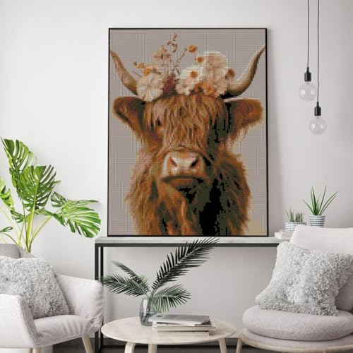 Image of Stamped Cross Stitch Kits for Adults Beginners, Cow Flowers Easy DIY Counted Cross Stitch Kit Printed Patterns Dimensions Needlepoint Art Crafts Embroidery Kits for Home Wall Decor 15.7x11.8 inches
