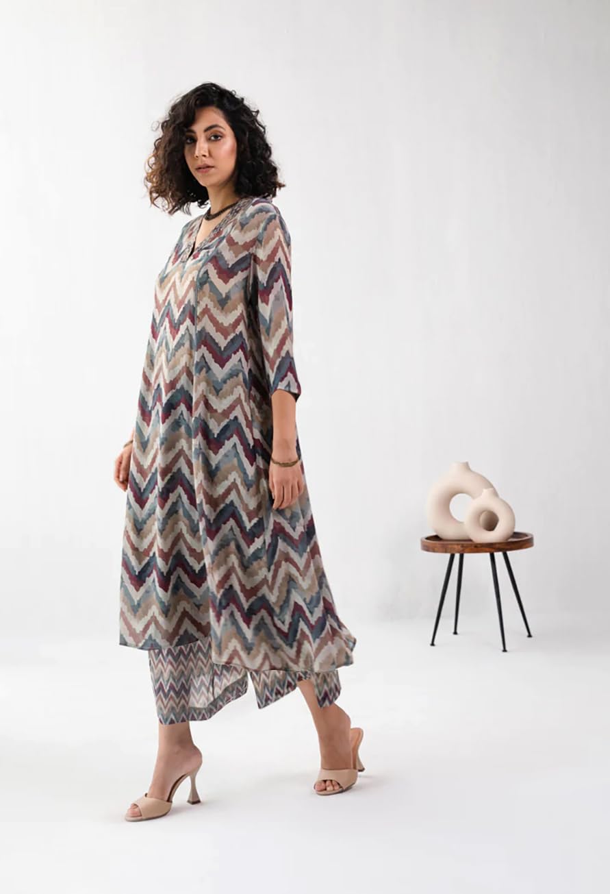 Toochki Women's Grey Zig-Zag Print Printed Rayon Stitched Kurta Set | A Line | 3/4 Sleeve | Western | Latest | Trendy