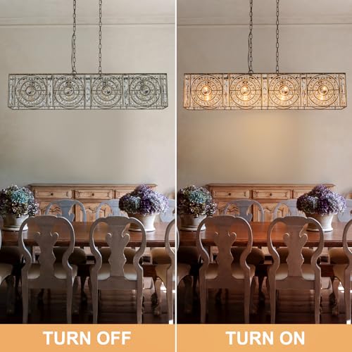 Image of 4-Lights Rectangle Crystal Chandelier for Dining Room, 42.12 inch Vintage Bronze Finish Large Chandeliers for High Ceilings, Flush Mount Pendant Light for Living Room Kitchen Island Bar
