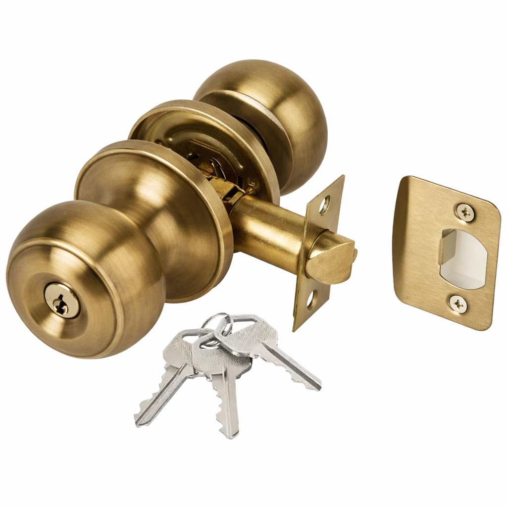 Hunta Antique Bronze Handlezone® Riva Entrance Door Knobset, Key Locking Interior Door Knobs, Adjustable 60-70Mm Latch, 1 Set