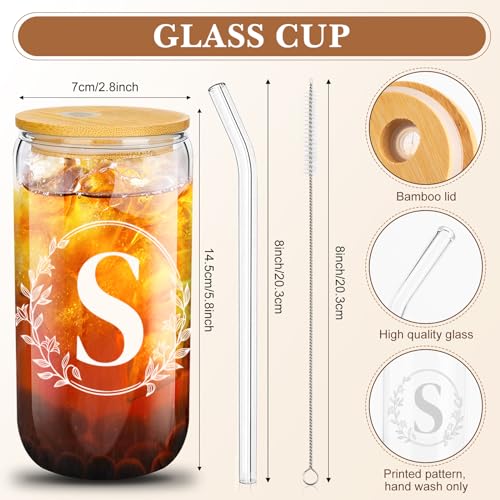 Aliceset Initial Gifts for Women Monogram Canvas Tote Reusable Bags Personalized Makeup Bag 16 oz Glass Straws Cups for Her(Letter S)3
