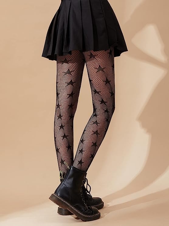 Image of Women's Patterned Tights, 3 Pairs, Floral Design, Fishnet with Stars and Moon, One Size