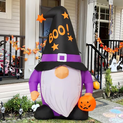 Image of GOOSH 5 FT Halloween Inflatables Gnomes Outdoor Decorations Blow Up Yard Cute Gnomes Helding Pumpkin with Built-in LEDs for Garden Lawn Indoor Party Decor