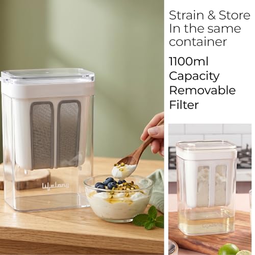 Image of Lifelong 1.1L Hung Curd Maker | Stainless Steel Mesh Filter with Clear Lid | Food Safe, BPA Free, Reusable Container | Multipurpose Greek Yogurt Strainer for Paneer, Cheese, & Sour Cream (White)