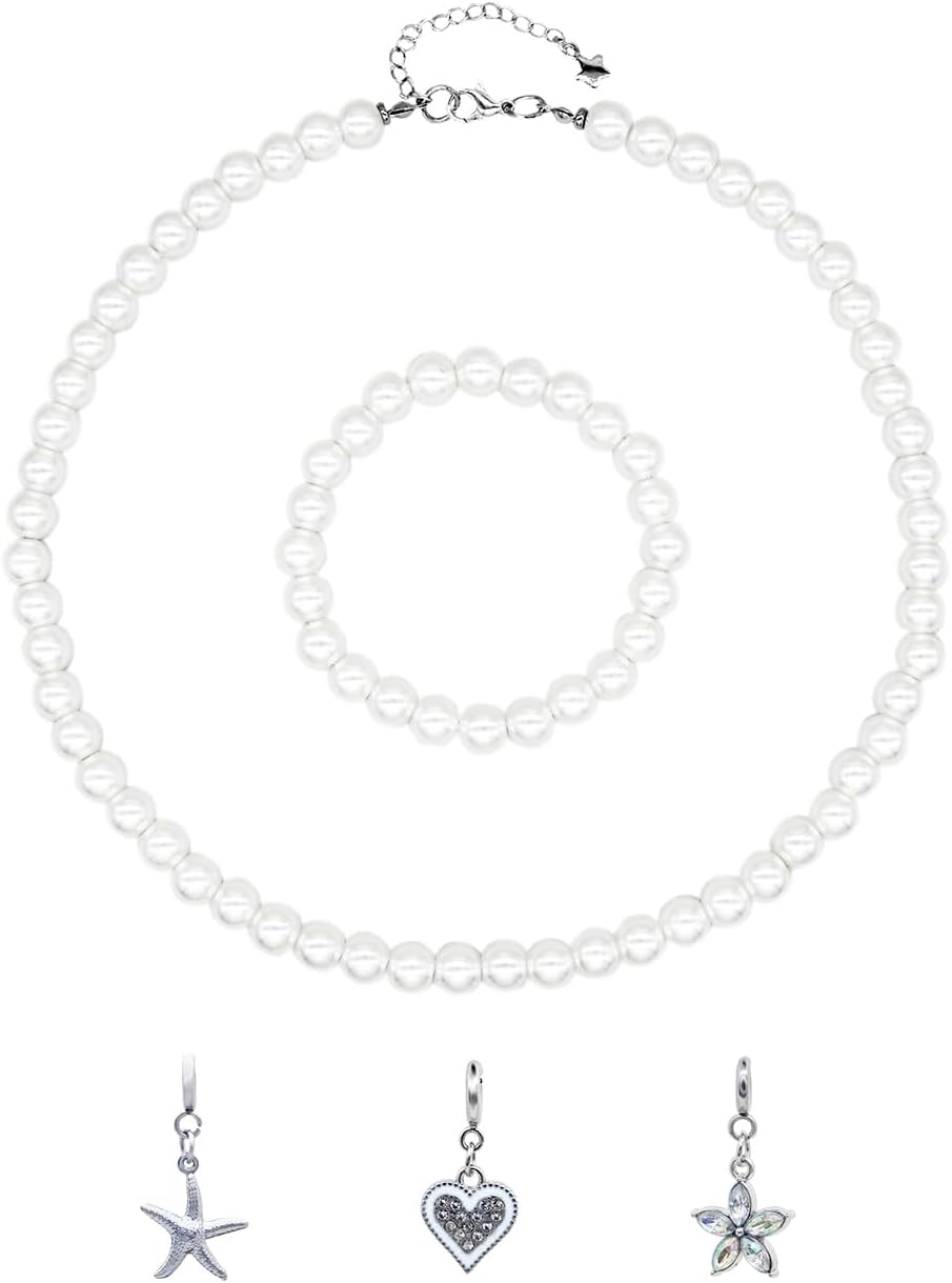 JSEA 8mm Faux Pearl Necklace Elastic Bracelet Jewelry Set Beige White Pink