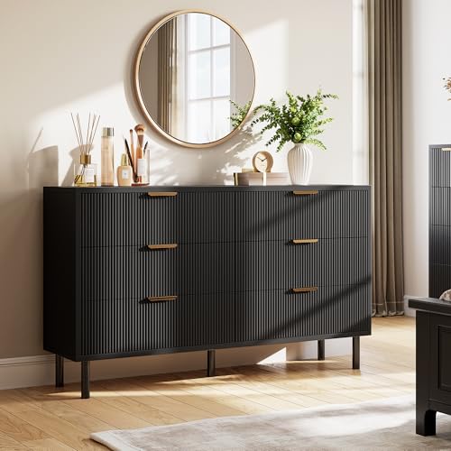 GarveeHome Black Wave Fluted 6 Drawer Dresser, Wide Wood Double Dresser with Metal Legs and Handles, Modern Chest of Drawers with Anti-Tipping Design for Bedroom Living Room Hallway