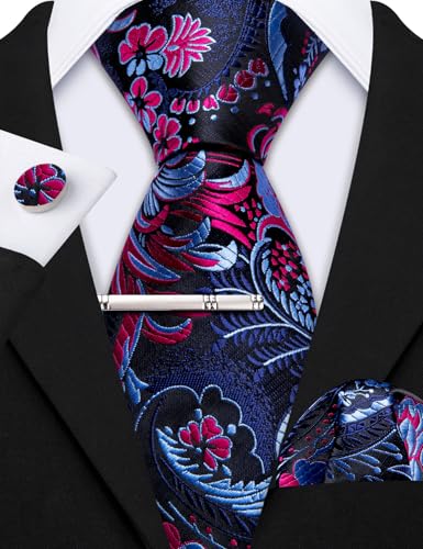 Image of Barry.Wang 6 PCS Men Ties Set Silk Business Fashion Woven Necktie Handkerchief Cufflinks Paisley Stripe Wedding Party