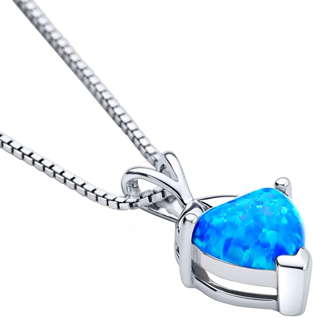 PEORA Created Blue Opal Heart Necklace in Sterling Silver, Designer Solitaire, 2.50 Carats with 18 inch Chain, October Birthstone Necklace, Fire Opal Necklace, For Jewelry Gift & Everyday Wear