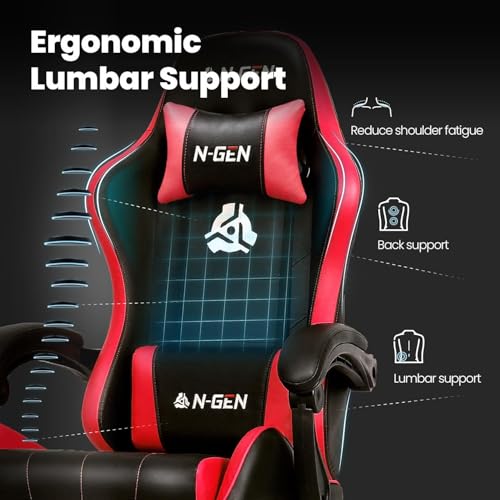 Image of N-GEN GAMING Gaming Chair with Footrest, Lumbar, High-Back, Red Black