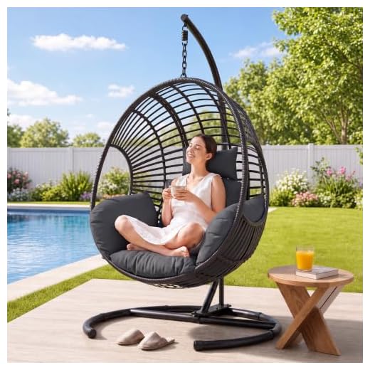 Hanging Egg Chair Rattan Wicker Hammock Swing Chair with Stand and Comfortable Cushion for Outdoor Patio Porch Indoor Bedroom Black