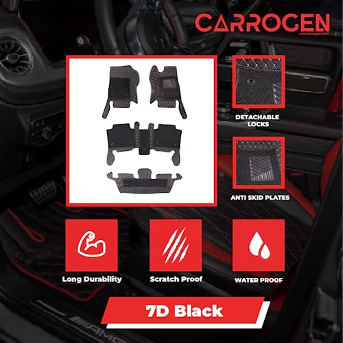 Image of 7D Car Floor Mats || Faux Leather || Waterproof & Washable || Grass Attached || Complete Set Compatible with Tata Harrier - All Models (Black & Red)
