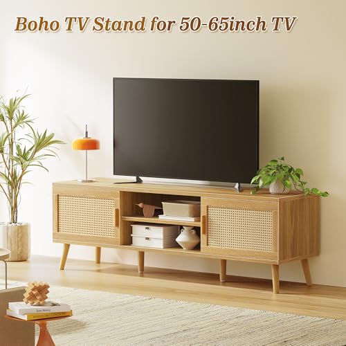 SUPERJARE Boho TV Stand for 65 Inch TV, Entertainment Center with Adjustable Shelf, Rattan TV Console with 2 Cabinets, Media Console, Solid Wood Feet, 4 Cord Holes, for Living Room - Natural - Image 3